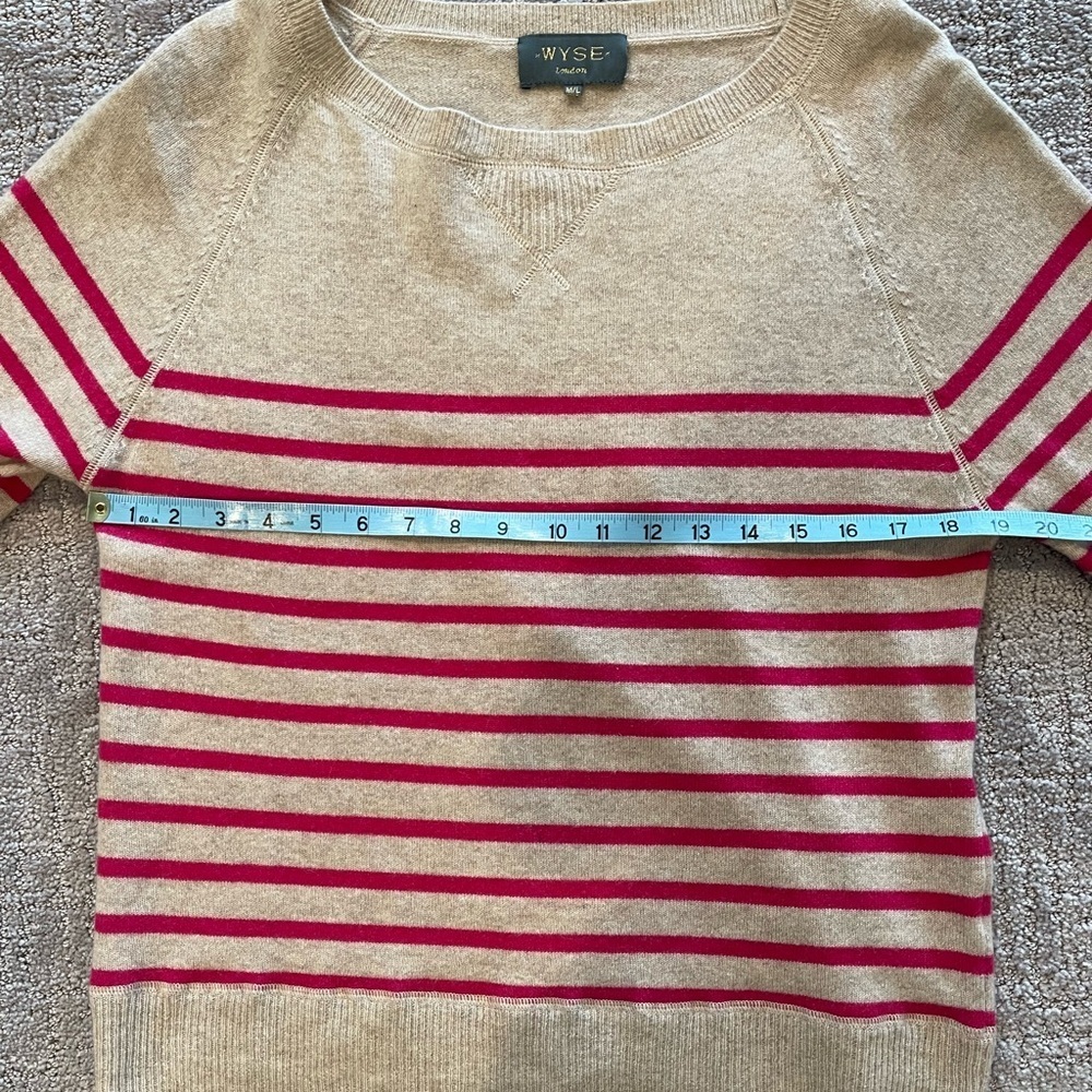 Wyse London 100% Cashmere Boatneck Sweater, Tan With Pink Stripes, Size M/L — image 5 of 8